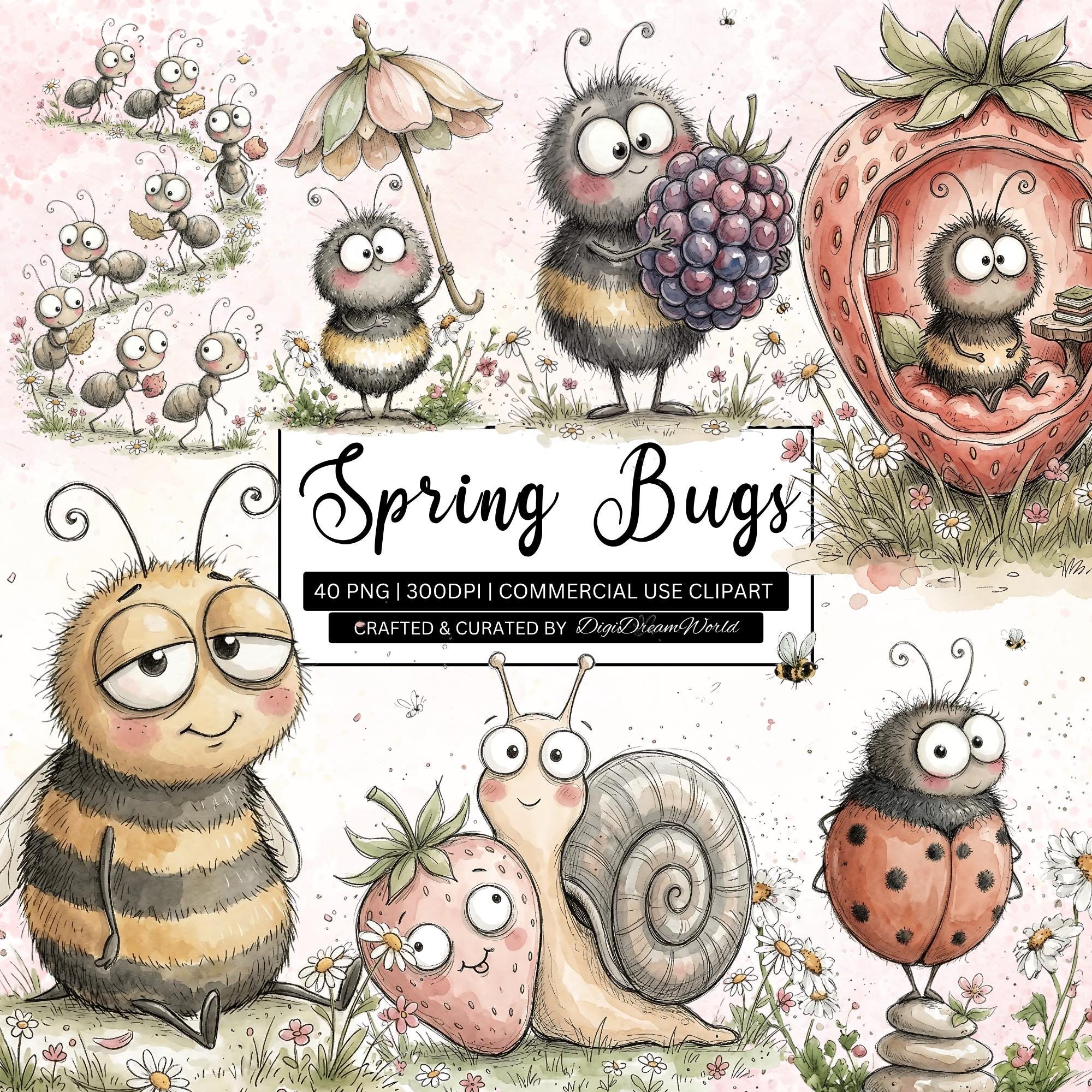 Spring Insects Drawing 40 Spring Bugs Clipart Bundle, Watercolor Insects & Flowers ...
