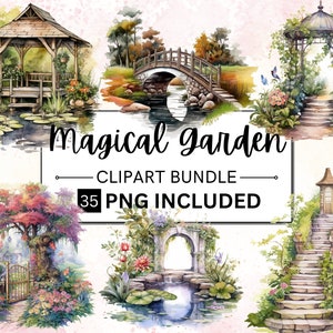 Aquarelle jardin secret de 35 PNG, scènes fantaisistes de jardin secret, clipart jardin de fées, jardin d'éphémères magiques fantastiques PNG Bundle