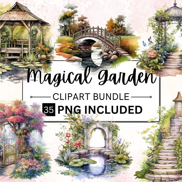 35 PNG Watercolour Secret Garden Clipart, Whimsical Secret Garden Scenes, Fairy Garden Clipart, Fantasy Magical Ephemera Garden PNG Bundle