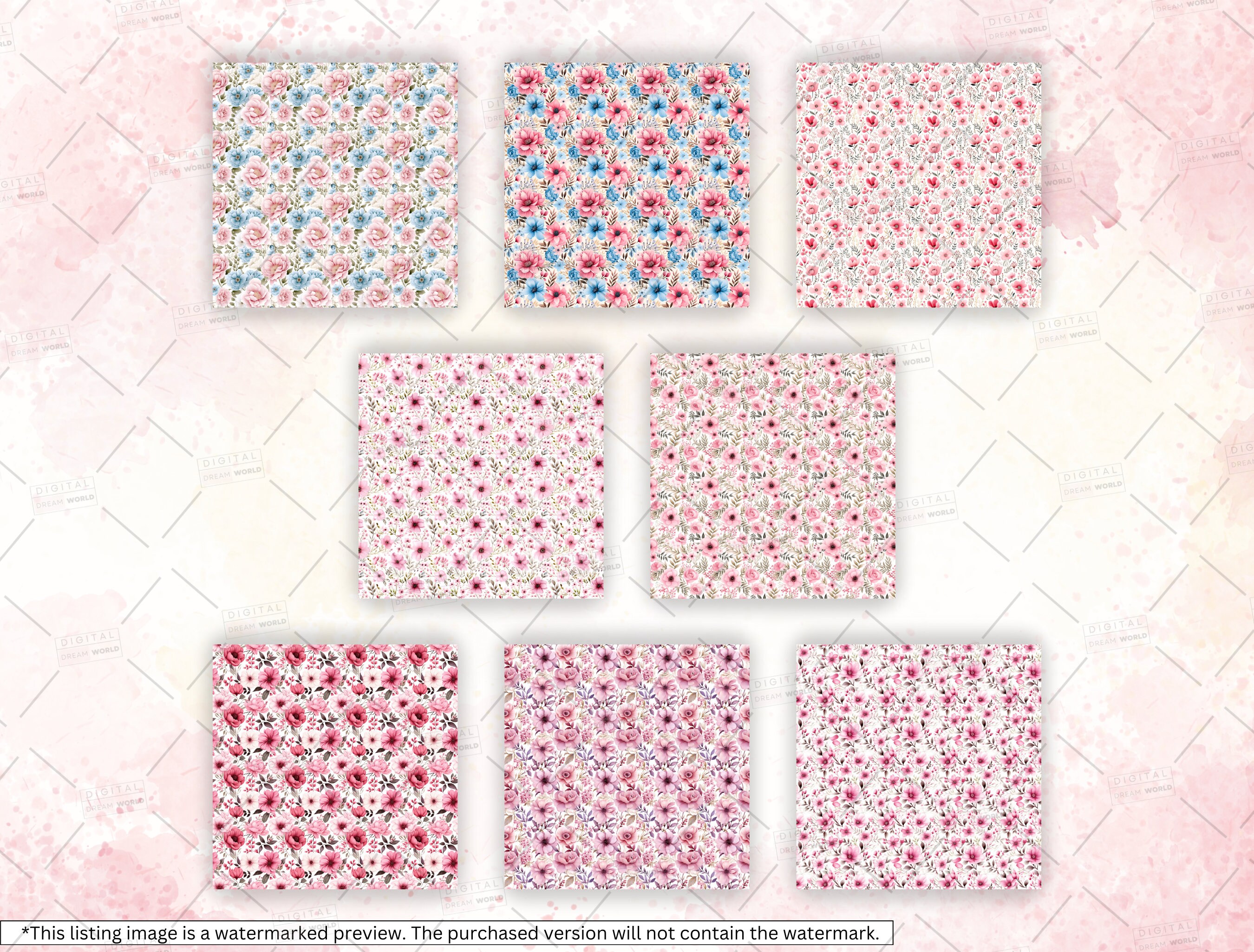 25 Watercolor Pink Floral Printable Seamless Digital Paper, Watercolor ...