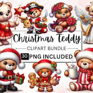 30 bundle di clipart di orsacchiotti di Natale ad acquerello, orsacchiotto di buon Natale, orsacchiotto natalizio PNG, immagini PNG orso di Natale, uso commerciale