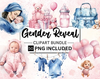 50 Watercolor Gender Reveal Bundle, Newborn Baby Boy Girl Watercolor Pastel Color Clipart, Baby Shower,Newborn Baby,Clipart Baby,Nursery PNG