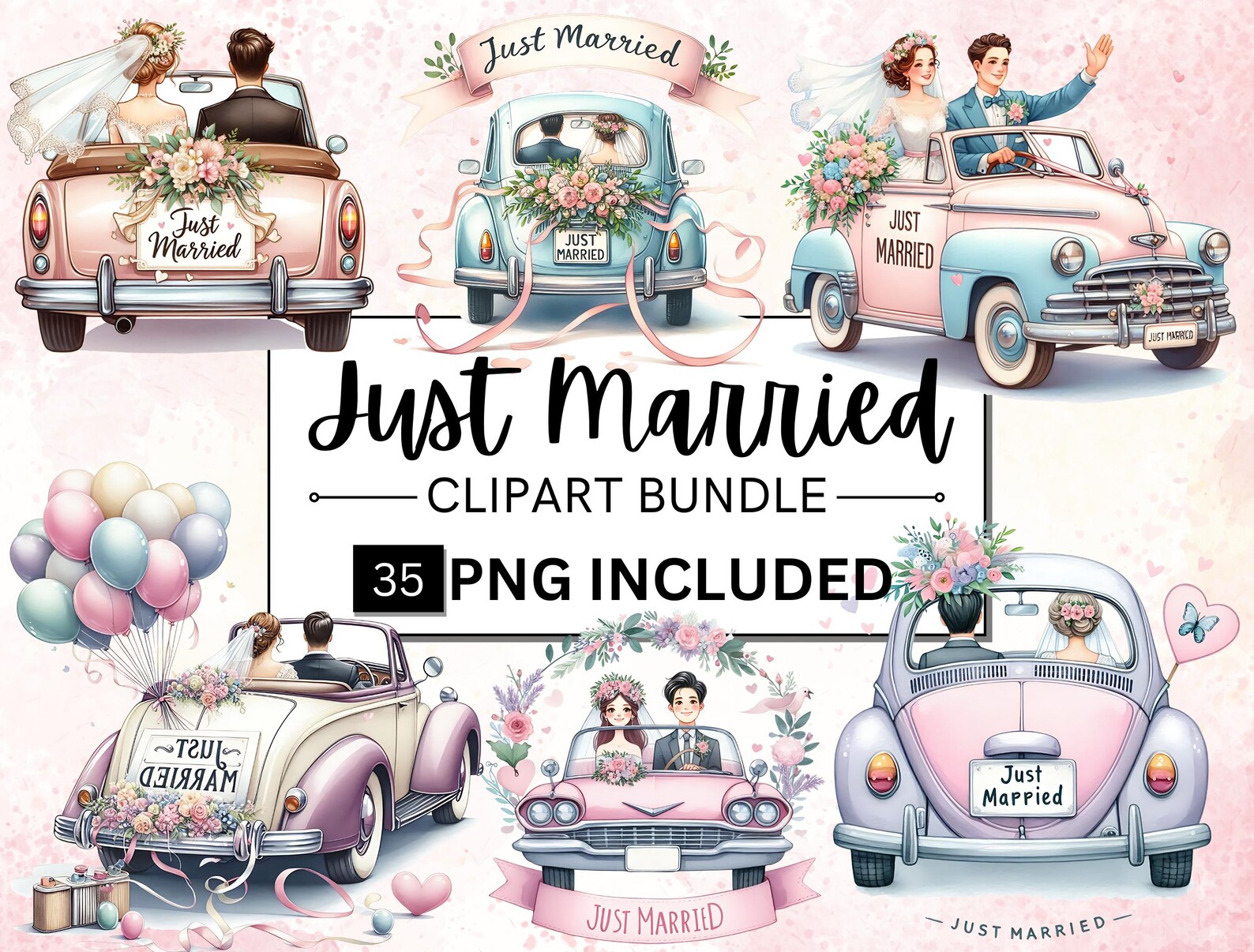 Just Married Car Clipart Bundle, Bride and Groom PNG (35 Images) - Etsy