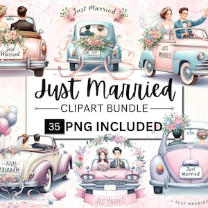35 Just Married Auto mit Braut und Bräutigam Clipart Bundle, Braut und Bräutigam PNG, Hochzeit Auto Clipart, Papierhandwerk, Hochzeit, Liebe, Junk Journal