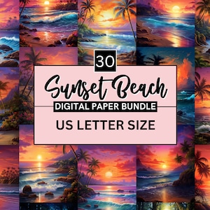 30 carta digitale stampabile Sunset Beach, sfondo paesaggio di palme sull'oceano, sfondo tramonto spiaggia estiva, download Junk Journal, scrapbooking