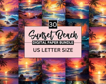 30 Sunset Beach Digital Paper Set, Coastal Scrapbook (US Letter)