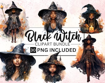 30 PNG Watercolor Black Girl Witches Clipart, Afro witch clip art png, magic clip art, Witchcraft Clipart, African Melanin Black Woman PNG