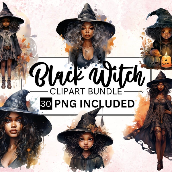 30 PNG Watercolor Black Girl Witches Clipart, Afro witch clip art png, magic clip art, Witchcraft Clipart, African Melanin Black Woman PNG