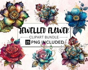 25 PNG Watercolor Royal Flowers Clipart, Magical Flower bundle, Jewelled Flower png, Royal Fantasy Watercolor Roses, Fantasy Floral Clip Art