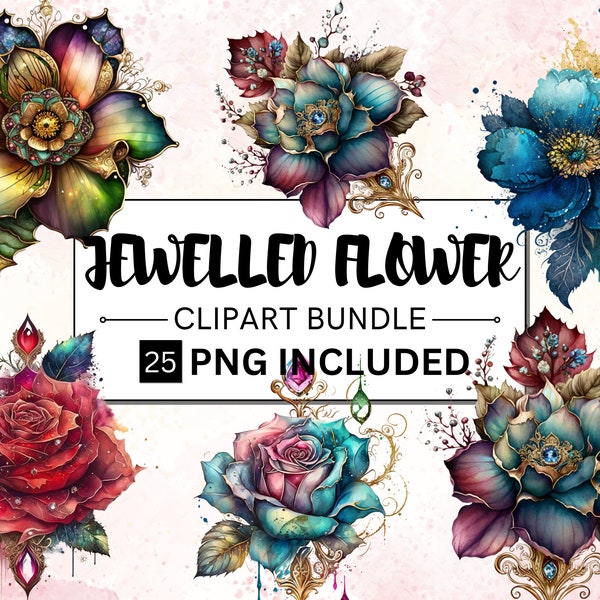 25 PNG Watercolor Royal Flowers Clipart, Magical Flower bundle, Jewelled Flower png, Royal Fantasy Watercolor Roses, Fantasy Floral Clip Art
