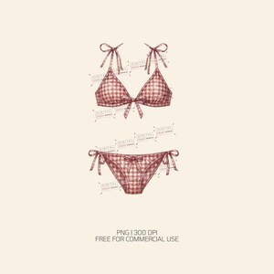 May include: A two-piece bikini set featuring a red and white gingham pattern. The top has triangle cups with tie-up shoulder straps and a center bow. The bottom features side tie closures and a center bow. The text DIGITAL DREAM WORLD is visible.
