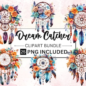 25 Clipart acchiappasogni ad acquerello, grafica decorativa con piume di arte boho nativa americana, pacchetto clipart acchiappasogni con fiori, boho