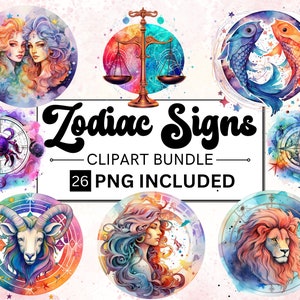 26 Zodiac Bundle PNG Sublimación Horóscopo Diseño Rainbow Fantasy Galaxy Celestial Star Sign Design Botella Tumbler Wrap Descarga digital