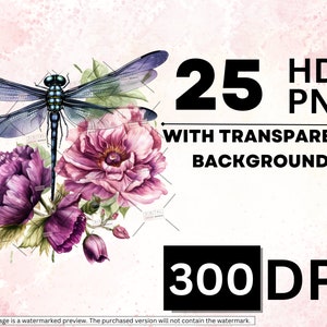 25 Watercolor Dragonfly Clipart Bundle, Floral Botanical Insect PNG, Blue Purple Nature Illustration, Garden Graphics, Digital Download image 3
