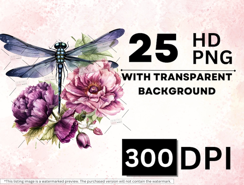 25 Watercolor Dragonfly Clipart Bundle, Floral Botanical Insect PNG, Blue Purple Nature Illustration, Garden Graphics, Digital Download image 3