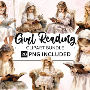 Paquete de 20 imágenes prediseñadas de acuarela de niña leyendo vintage, descarga digital, archivos PNG, diario basura, álbumes de recortes, creación de tarjetas, álbumes de recortes