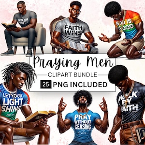 Paquete de 25 imágenes prediseñadas de hombres negros rezando, imágenes prediseñadas de iglesia cristiana, imágenes prediseñadas de hombre religioso, hombres negros de fe PNG, versículos bíblicos PNG, afirmaciones