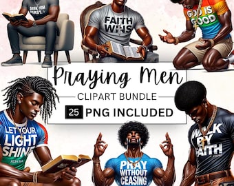Black Christian Men Praying Clipart, Affirmations (PNG Bundle)