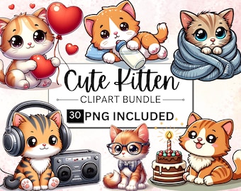 30 lindo paquete de imágenes prediseñadas de gatito, lindo gato PNG, lindos gráficos de gatito, gatito PNG, bebé gatito PNG imágenes prediseñadas, uso comercial, descarga digital
