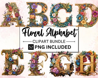 52 Art Nouveau illuminated initials Clipart Bundle Full English Alphabet Mystical Illustration Fantasy Novel Clipart Magic PNG File Download