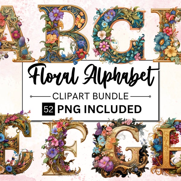 52 Art Nouveau illuminé initiales Clipart Bundle Alphabet anglais complet Illustration mystique Fantasy Roman Clipart Magic PNG File Download