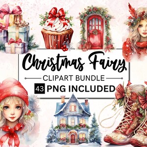 43 PNG Watercolor Christmas Fairy Garden Clipart Bundle, Winter Holiday Graphic png, Xmas Noel Sublimation, Fairytale Christmas Clipart