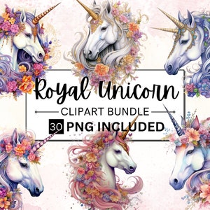 30 PNG Aquarela Royal Unicorn Clipart, Floral Unicorn Clip Art, Fantasia Unicórnio png, Gráfico de unicórnio mágico, Arte mística, Aniversário de unicórnio