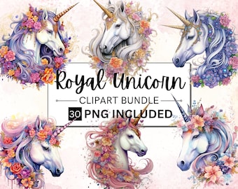 Può includere: Un pacchetto di clipart digitale di sei illustrazioni ad acquerello di unicorni reali con corone floreali e criniere fluenti. Gli unicorni sono in varie pose e hanno criniere e fiori di diversi colori. Il testo "Royal Unicorn" e "30 PNG Included" è visualizzato sull'immagine.