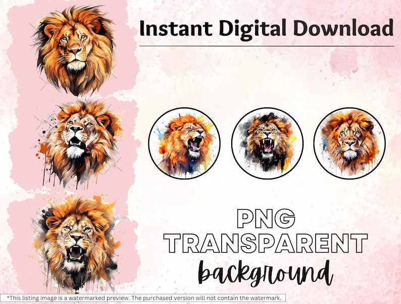 May include: Four digital illustrations of a lion's head with a watercolor effect. The lion's mane is a vibrant orange and the background is a soft pink. The text "Instant Digital Download" and "PNG TRANSPARENT background" is also included in the image.
