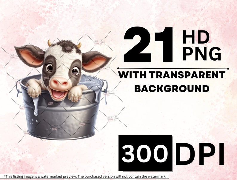Op de afbeelding: Een cartoonillustratie van een zwart-witte koe met een roze neus die een bad neemt in een zilveren emmer. De afbeelding is gelabeld "21 HD PNG met transparante achtergrond 300 DPI".