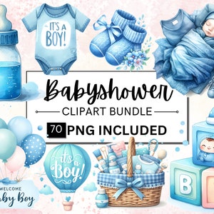70 aquarel BOY babyshower clipartbundel, blauwe jongensshower png, it's a boy clipart, gender Reveal party, verjaardag babyjongen, commercieel gebruik