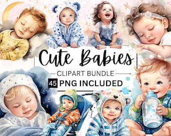 Watercolor Cute Babies Clipart, Nursery Illustrations (PNG, Commercial Use)