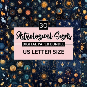 Papier numérique imprimable du zodiaque, modèle sans couture de signes du zodiaque, conception de l'horoscope, signe du zodiaque Design bouteille Tumbler Wrap téléchargement numérique