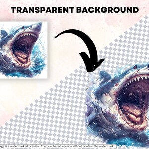 May include: A digital illustration of a great white shark with its mouth open, showing sharp teeth. The shark is surrounded by blue water with white splashes.