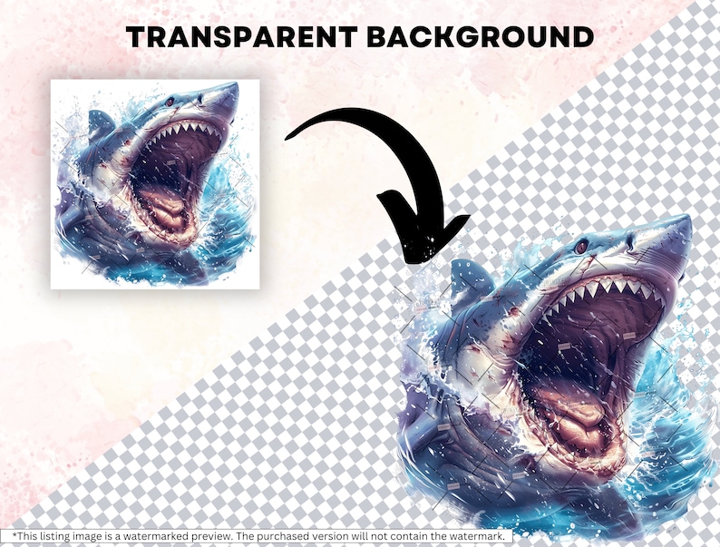 May include: A digital illustration of a great white shark with its mouth open, showing sharp teeth. The shark is surrounded by blue water with white splashes.