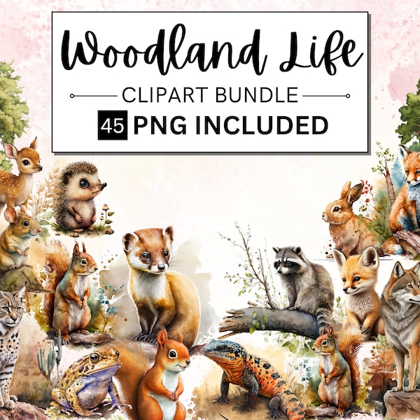 45 Watercolor Woodland Animals Clipart, Nursery Clipart Bundle, Woodland Clipart, baby animal clipart, woodland Baby shower, Fox, Bear, Deer