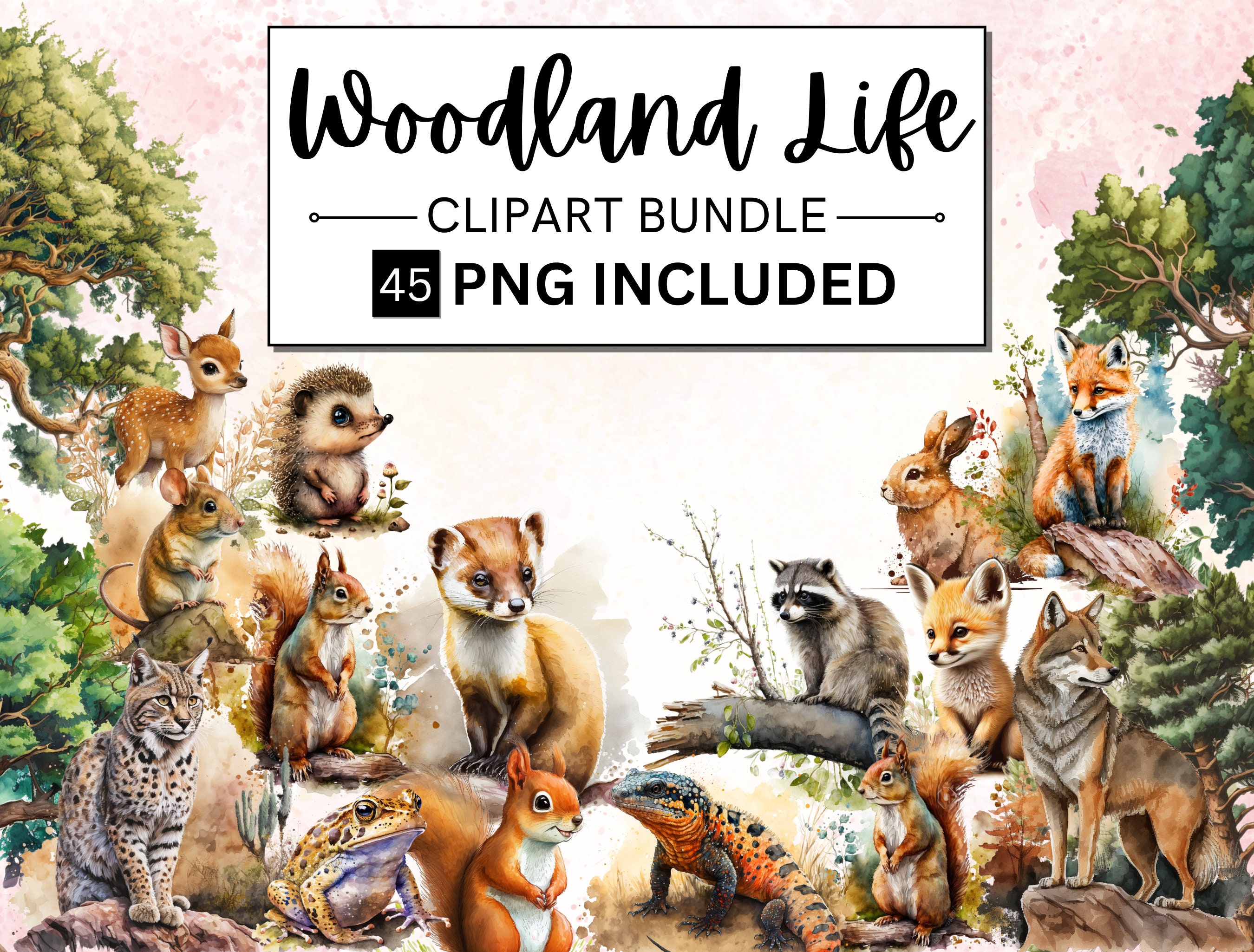 45 Watercolor Woodland Animals Clipart, Nursery Clipart Bundle ...
