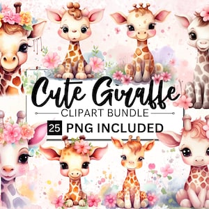 Lot de 25 cliparts girafe mignon aquarelle, bébé girafe PNG, Clipart floral girafe, animaux de la jungle, décoration de chambre d'enfant Safari, Shower de bébé PNG