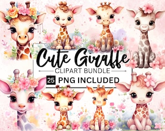 25 Watercolor Cute Giraffe Clipart Bundle, Baby Giraffe PNG, Floral Giraffe Clipart, Jungle Animals, Safari Nursery Decor, Baby Shower PNG