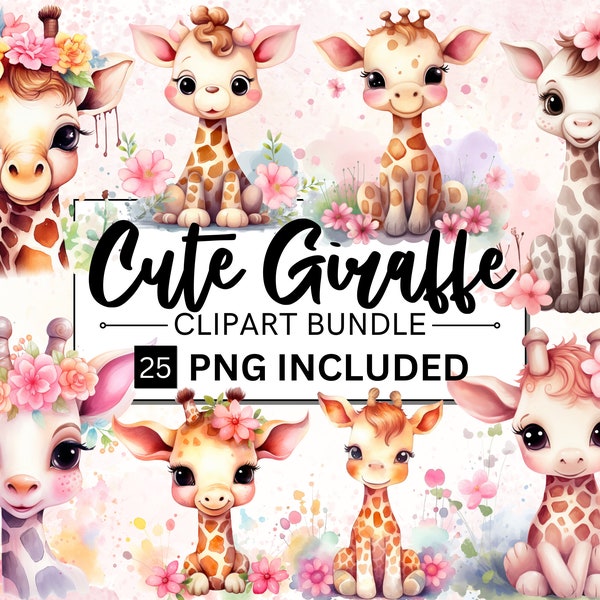 25 Watercolor Cute Giraffe Clipart Bundle, Baby Giraffe PNG, Floral Giraffe Clipart, Jungle Animals, Safari Nursery Decor, Baby Shower PNG