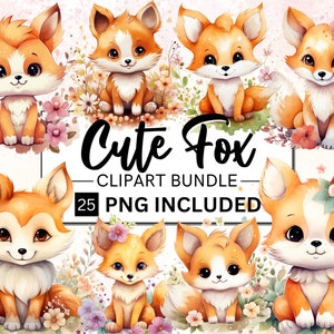 25 Watercolor Cute Fox Clipart Bundle, Floral Baby Fox, Woodland Animal, Fox Illustration, Baby Shower Decor, Nursery Art, Digital Download