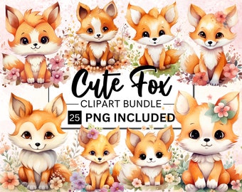 25 Watercolor Cute Fox Clipart Bundle, Floral Baby Fox, Woodland Animal, Fox Illustration, Baby Shower Decor, Nursery Art, Digital Download