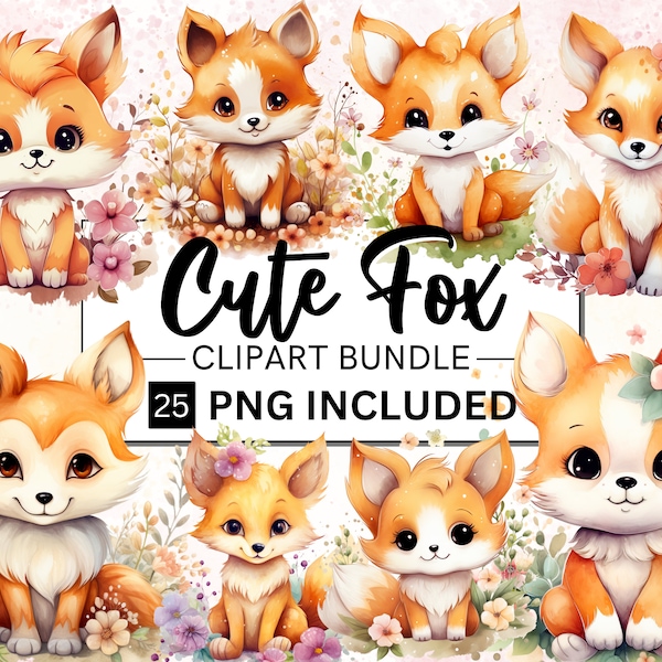 25 Watercolor Cute Fox Clipart Bundle, Floral Baby Fox, Woodland Animal, Fox Illustration, Baby Shower Decor, Nursery Art, Digital Download