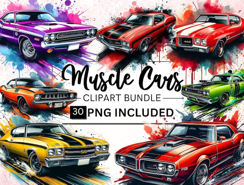 Puede incluir: Un paquete digital de clipart de 30 coches musculosos en varios colores, incluyendo rojo, verde, amarillo, naranja y morado. Los coches est&aacute;n sobre un fondo de acuarela colorido. El texto "Muscle Cars" y "30 PNG Included" es visible en la imagen.