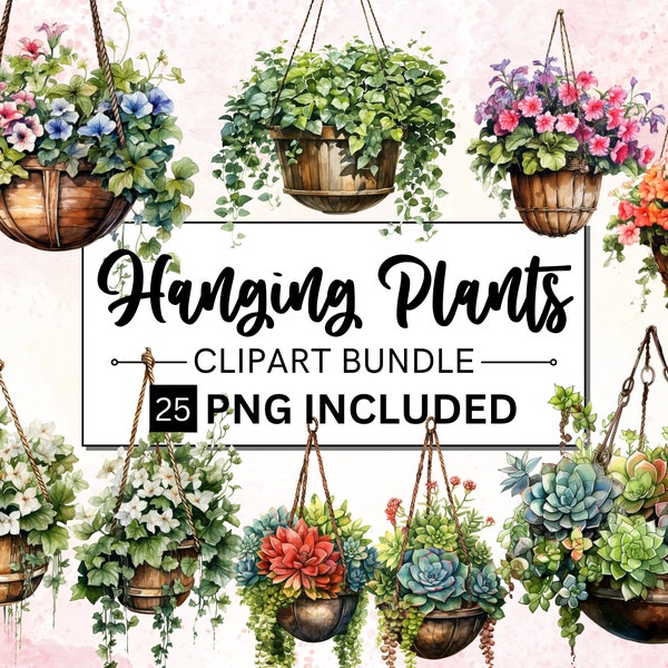 25 Watercolor Plants Clipart Bundle, Hanging House Plants Clipart, Houseplants in Hanging Pots, Plants clipart PNG, Scrapbook, Junk Journal,