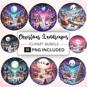 35 Weihnachtslandschaften Clipart Bundle, Festliche Landschaft PNG, Runde Winter Waldland Clipart, Winter Hintergrund Clipart, Winter Waldland PNG