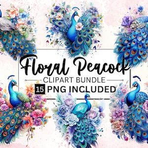 15 Aquarell Blumen Pfau Clipart, Pfau PNG, Boho Pfau Kunst, Aquarell Vogel, Pfauenfedern, Sublimation PNG, digitaler Download