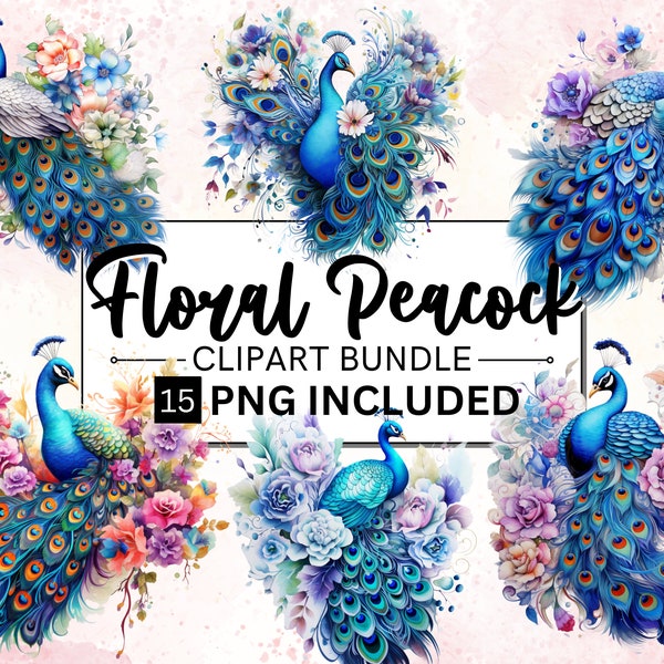 15 Aquarell Blumen Pfau Clipart, Pfau PNG, Boho Pfau Kunst, Aquarell Vogel, Pfauenfedern, Sublimation PNG, digitaler Download