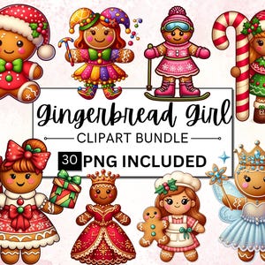 30 Watercolor Gingerbread Girl PNG Bundle, Gingerbread Clipart, Winter Clipart, Cute Christmas PNG, Christmas Clipart, Christmas cookies PNG