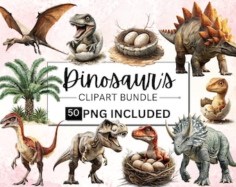 50 Realistic Dinosaur Clipart, Watercolor Dinosaur PNG, T-Rex Triceratops Prehistoric Art, Dinosaur Nursery Baby Shower, Jurassic PNG Bundle
